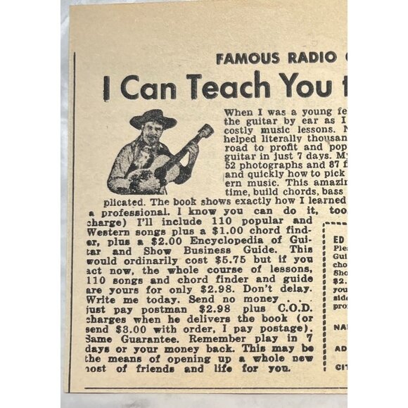 Ed Sale Learn to Play Guitar Print Ad Vintage 1950s Mail Order Bradley Beach NJ - Picture 4 of 5